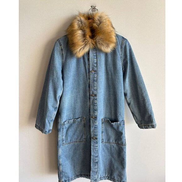 Zara Womens Detachable Faux fur Collar Long Denim Coat Denim Size Small - Picture 13 of 16